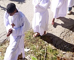 Le devant de la procession vers l'église le dimanche des Rameaux.jpg