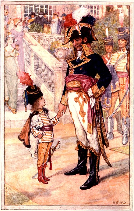 Aurore Dupin meeting General Murat in her uniform, illustrated by H. J. Ford in 1913