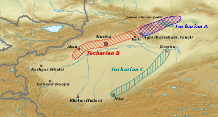 Tocharian languages A (blue), B (red) and C (green) in the Tarim Basin.[5] Tarim oasis towns are given as listed in the Book of Han (c. 2nd century BC). The areas of the squares are proportional to population.