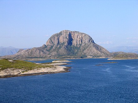 Torghatten summit with hole is a landmark on the Helgeland coast.