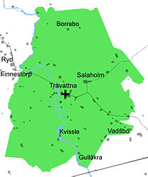 Map of Trävattna parish, Vilske hundred, Västergötland, Sweden. Karta över Trävattna socken i Vilske härad.