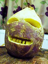 Modern carving of a Cornish Jack-o'-Lantern made from a turnip. Traditional Cornish Jack-o'-Lantern made from a turnip.jpg