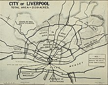 Map of Liverpool of 1914 showing how the city boundaries expanded over time Transactions of conference held March 9 to 13, 1914, at Liberty buildings, Liverpool (1914) (14598125898).jpg