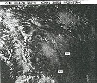 Ein obskures Schwarzweiss-Satellitenbild eines tropischen Sturms. Es sind nicht viele Merkmale erkennbar, aber mehrere Gewitterwolken.