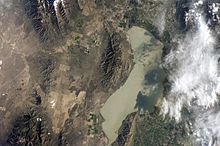 Satellite view of Utah Lake, with the arc-shaped Lake Mountains on the northwest shore.