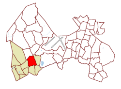 Localização no mapa de Vantaa, com o distrito em vermelho e a região principal de Myyrmäki em marrom claro