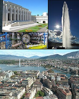 Üst sol :Milletler Sarayı, Orta:CERN'de ATLAS deneyi, Jet d'Eau, Alt: Cenerve şehri ve Cenevre Gölü