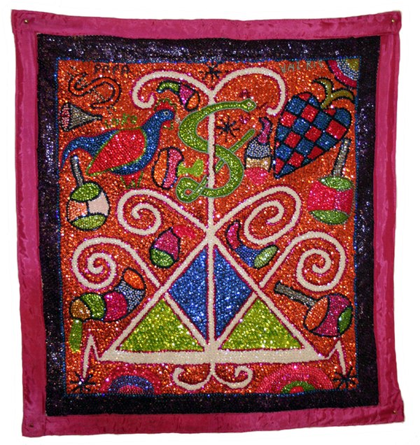 A sequined drapo flag, depicting the vèvè symbol of the lwa Loko Atison; these symbols play an important role in Vodou ritual