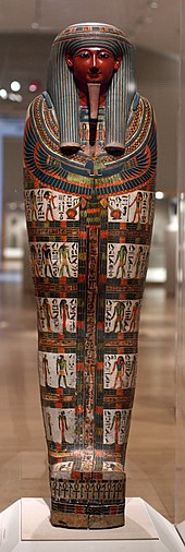 Cartonnage of Nespanetjerenpere, ca. 945-718 BCE. Linen or papyrus mixed with plaster, pigment, glass, lapis lazuli, 69 11/16 in. (177 cm). Brooklyn Museum, 35.1265. WLA brooklynmuseum Cartonnage of Nespanetjerenpere.jpg