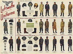 Uniforms of the Luftwaffe 1944 (US poster) WW2 Luftwaffe German Air Force Uniforms Flying suits parachutist Continental etc Newsmap Vol 2 No 46 3-6-1944 US Government National Archives NARA Unrestricted Public domain 26-nm-2-46 002 cropped.jpg