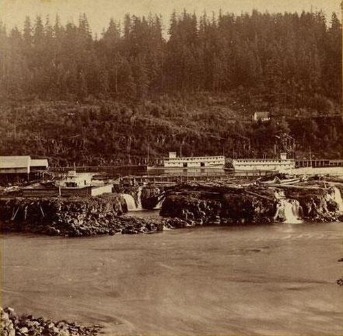 Willamette Falls boat basin in 1867, photograph by Carleton Watkins