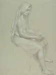 William-Adolphe Bouguereau: Studie sedící zahalené ženské postavy, barevný papír, bílý kvaš, stínování tužkou, 19. stol.