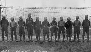 World War I, British soccer team with gas masks, 1916.jpg
