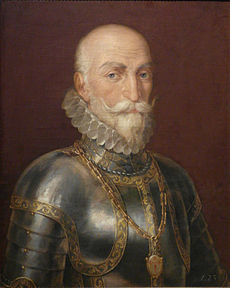 A headshot portrait of a man (Alfonso Moreno Salinas) facing right in 16th century Creeperian military uniform.
