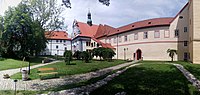 Tramín, the courtyard of the Minorite Monastery with a copy of the foundations of the Chapel of St. Anne, Český Krumlov, south Bohemia, Czech Republic.}}