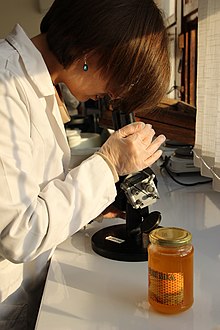 Preparation of a sample of honey on a prism for a refractometric analysis in order to detect the percentage of dry mass Opredeluvanje na suva masa na med so refraktometar.jpg