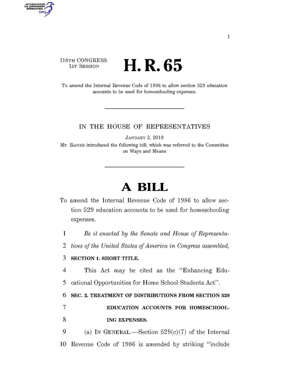 File 116th United States Congress H R 1st Session Enhancing Educational Opportunities For Home School Students Act Pdf Wikimedia Commons