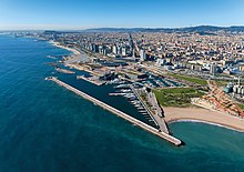 Coastline of Barcelona as viewed from Port Fòrum, with Montjuïc and Port Vell can also be seen.