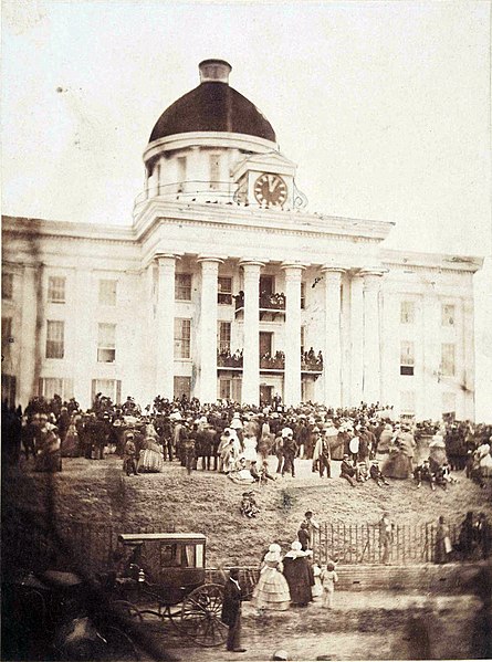 Inauguration of Jefferson Davis as President of the Confederate States of America on the steps of the capitol building on February 18, 1861.