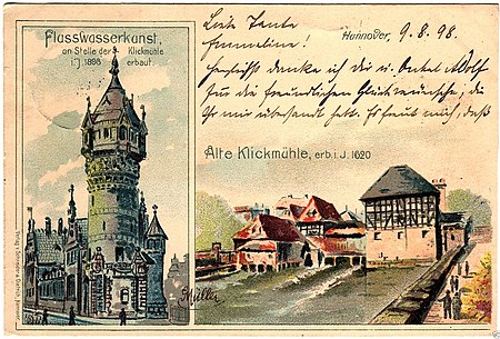 1898 circa Ansichtskarte Lithograf George Müller, Schneider & Dietrich, Blick auf den Turm der Flusswasserkunst und die 1620 erbaute Klickmühle, Bildseite