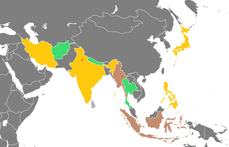 Map of Asia illustrating the countries/regions that have won medal(s) in the 1951 Asian Games