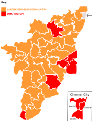 1998: Newly formed alliance NDA, which includes BJP & AIADMK wins 30 out of 39 seats in the state. NDA wins the election nationally and AIADMK-PMK-MDMK-JP-TRC was part of the BJP government under Atal Bihari Vajpayee.