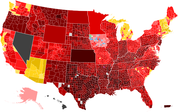 Results by county, shaded according to winning candidate's percentage of the vote