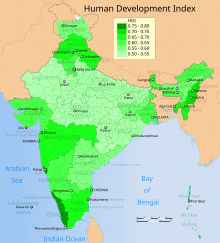 Human Development Index map for Indian states in 2006, as calculated by Government of India and United Nations Development Programme.[430]