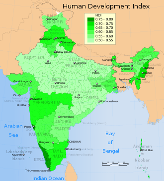 Human Development Index map for Indian states in 2006, as calculated by Government of India and United Nations Development Programme. 2006 Human Development Index for India map by states, HDI data by GoI and UNDP India.svg