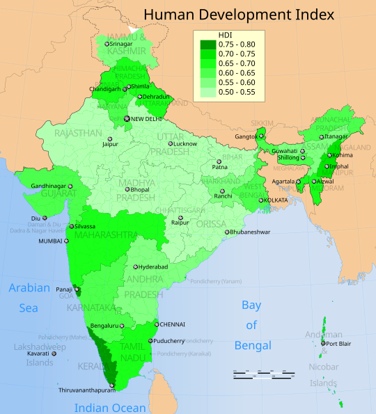 Human Development Index map for Indian states in 2006, as calculated by Government of India and UNDP India. 2006 Human Development Index for India map by states, HDI data by GoI and UNDP India.svg