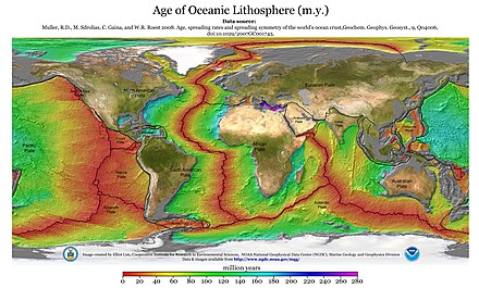 Age of the ocean crust
In this diagram the youngest parts of the ocean crust are coloured red. These young parts are found either side of the mid-ocean ridge. New crust emerges and spreads out from this ridge, which traverses central parts of the ocean. 2008 age of oceans plates.jpg