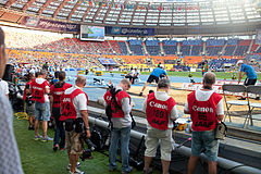Des photojournalistes lors du Championnat du monde d'athlétisme 2013.