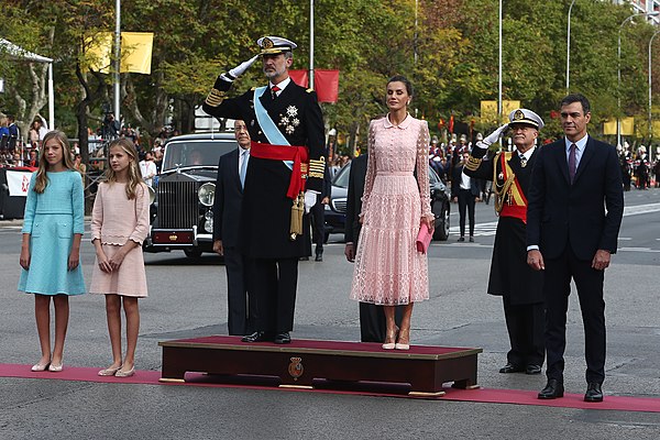 With her family and the main Spanish civil and military authorities during the 2019 National Day festivities.