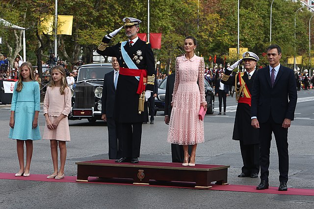 With her family and the main Spanish civil and military authorities during the 2019 National Day festivities.