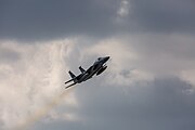 An F-15C Eagle, tail number 86-0163, taking off from RAF Lakenheath in England. The aircraft was assigned to the 493rd Fighter Squadron.