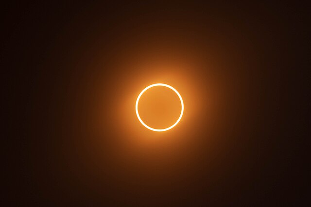 An annular solar eclipse occurs when the Moon is too far away to completely cover the Sun's disk (October 14, 2023).