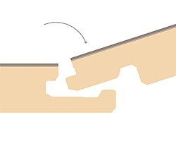 Klickfogen 2G som används på långsidan av en golvplanka med mekanisk klickfog. Bilden visar nedvinkling av en golvplanka in i en annan golvplanka. Invinklingen gör att golvplanken låser varandra och skapar ett starkt lås.
