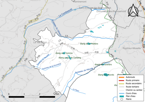 Carte en couleur présentant le réseau hydrographique de la commune