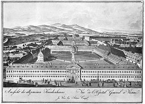 Vienna General Hospital in 1784. Semmelweis worked at the maternity clinic. Copper engraving by Josef & Peter Schafer AAKH-1784.jpg