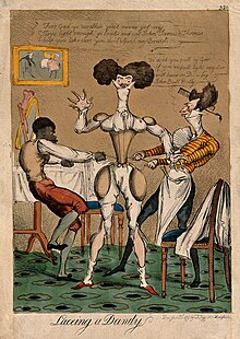 "Lacing a Dandy," a satirical cartoon of a man being laced into a corset, 1819 A man in his underwear is having his waist pulled in by two Wellcome V0040671.jpg