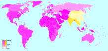 Map showing the prevalence of Abrahamic (pink) and Indian religions (yellow) in each country Abraham Dharma.png