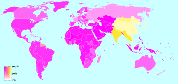 Distribution of Eastern religions today (yellow), as opposed to Abrahamic religions (purple).