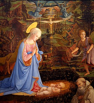 Adoration of the Christ child with the young St. John the baptist,St. Romuald,angels,the hands of God the Father and the Holy Ghost as a dove - Filippo Lippi.jpg