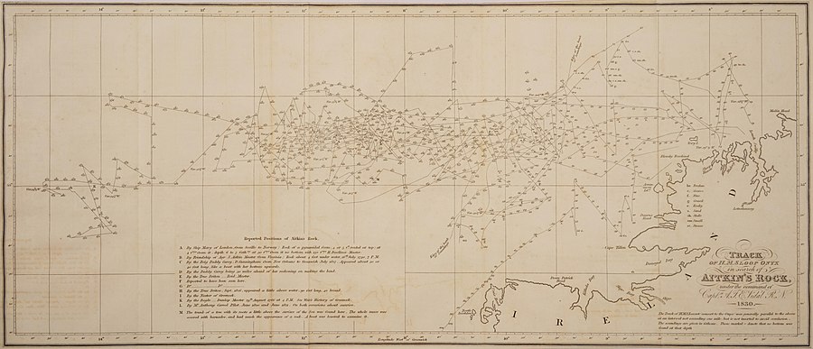 Track of the HMS Onyx searching for Aitkin's Rock