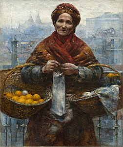 Femme juive aux oranges, tableau d'Alexandre Gierymski peint en 1880-1881, volé par les Nazis au cours de la Seconde Guerre mondiale et restitué en 2011 au musée national de Varsovie. (définition réelle 3 386 × 4 451)
