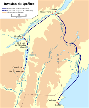 Carte de l'invasion du Canada avec la route des expéditions Arnold et Montgomery schématisée.