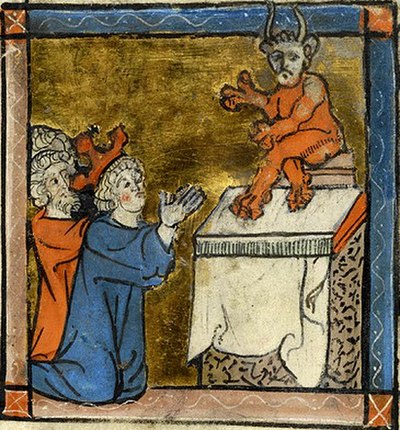 A 14th century Christian work depicting Antiochus IV praying to a horned idol at the Temple. The Book of Daniel describes an "abomination of desolatio