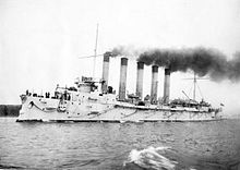 The quintuple-funneled Russian cruiser Askold in 1901 Askold1901Kiel.jpg