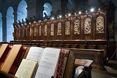 Choir pews and religious books. Heiligenkreuz Abbey, Austria