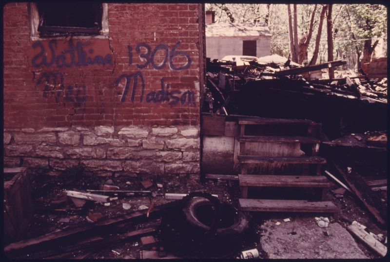 File:BURNED OUT SHELL IS ALL THAT REMAINS OF THE HOUSE VACATED BY THE ERNEST WATKINS FAMILY IN THE MULKEY SQUARE AREA.... - NARA - 557349.tif